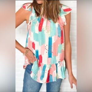 Luna - colorblock ruffled mock neck blouse